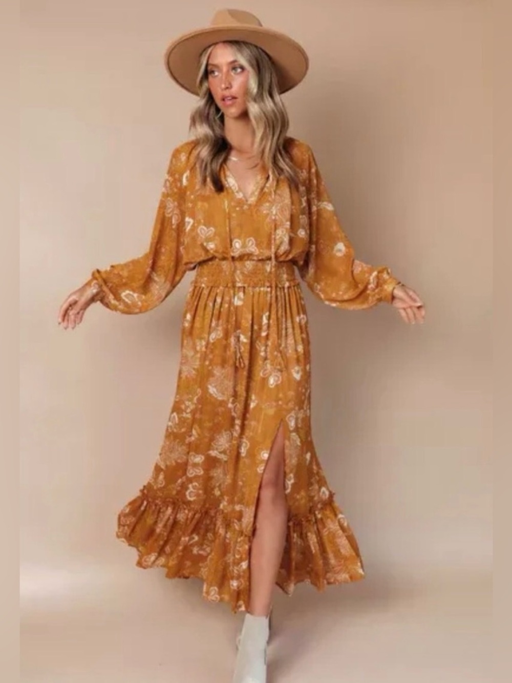 VICI Brooklyn Floral Slit Midi Dress in Marigold Small